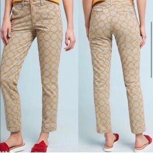 Anthropologie CHINO Relaxed Fit Embroidered Gold Circle Print Retro Trousers